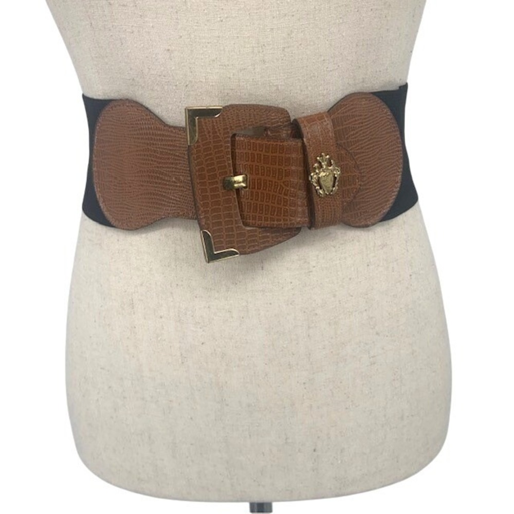 Equestrian Retro Wide Stretch Statement Waist Belt Gold Crest Cinch Brown Black